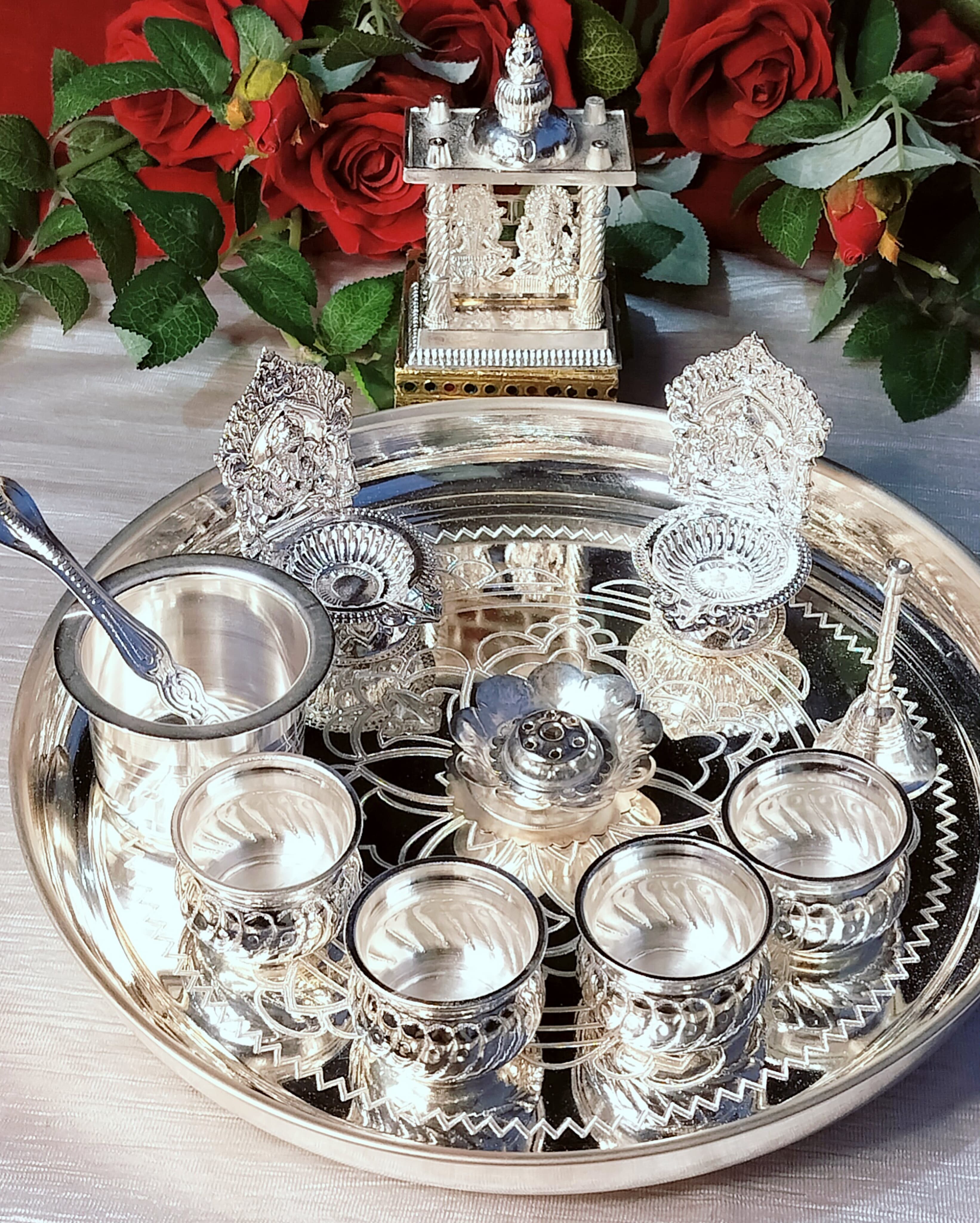German Silver Combo Pooja thali Set with Lakshmi Ganesh Temple